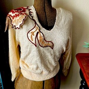 Vintage 80s knit sweater with satin flower appliqué and v-neck